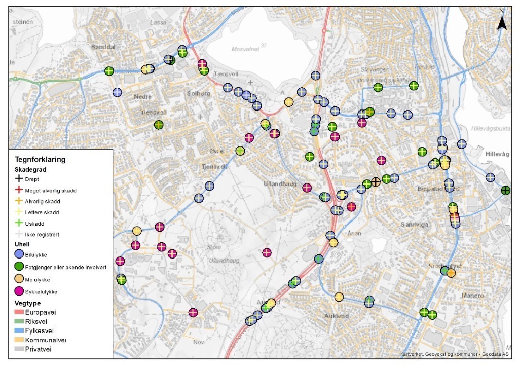 Oversiktskart over ulykkessteder: Hillevåg
