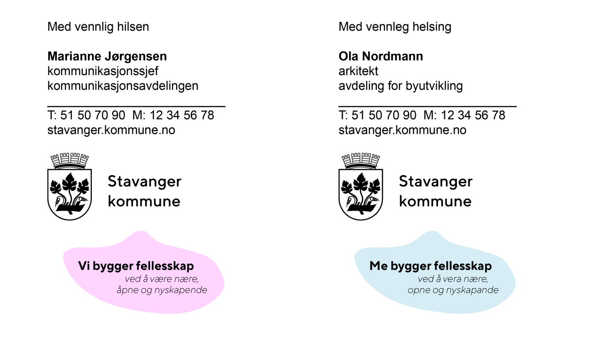 Eksempler på oppsett av epostsignatur på bokmål og nynorsk, i henhold til punktene i teksten ovenfor