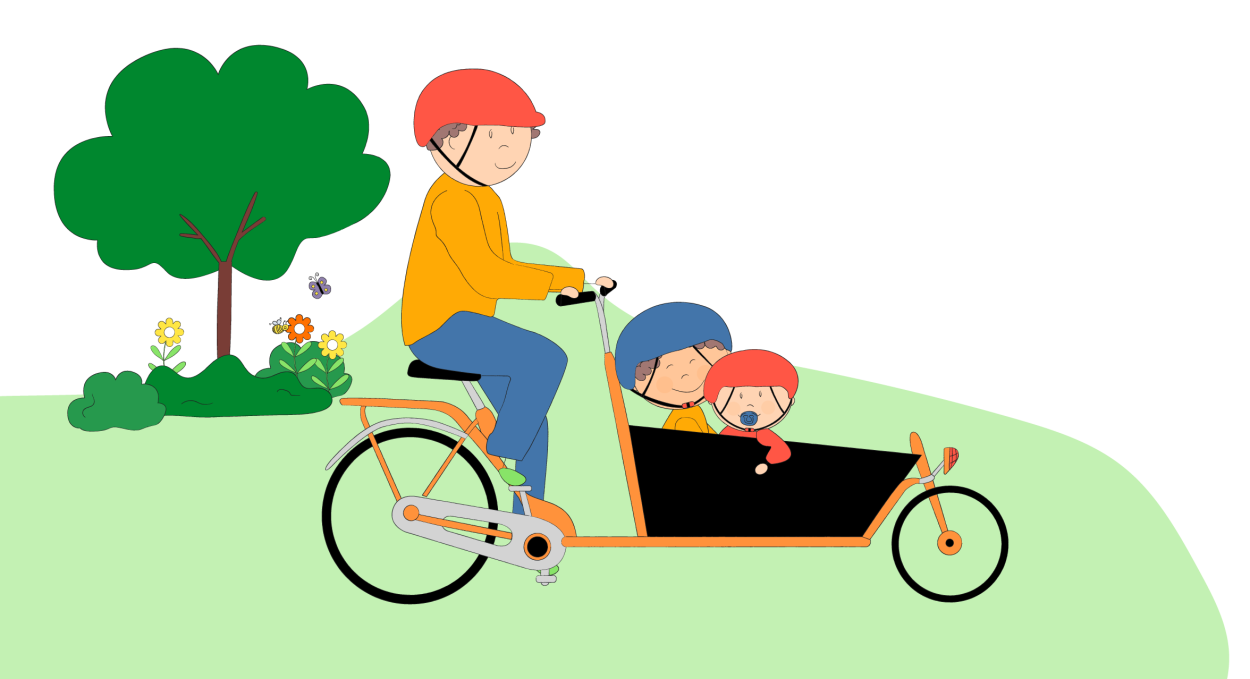 Tegning av foreldre med barn på sykkel. 