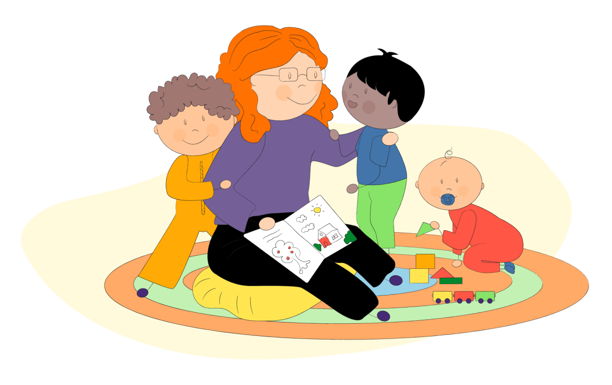 Tegning av barnehageansatt med barn
