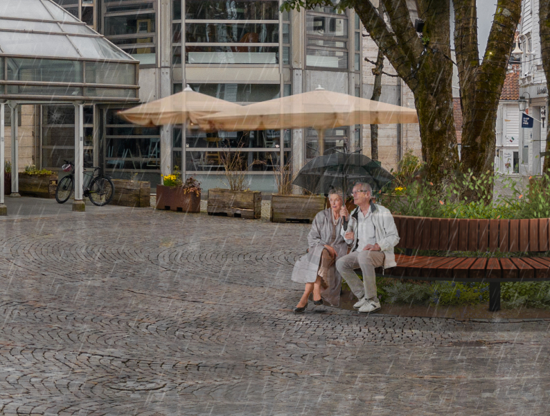 Illustrasjon av to eldre som sitter på en benk på Arneageren under en paraply