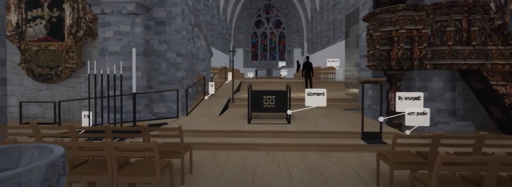 Animert bilde som viser kirkebenker, lesepult og andre elementer i kirkerommet