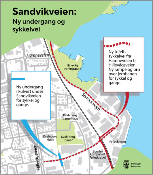Kart som viser hvor det bygges henholdsvis kulvert og sykkelvei i Sandvikveien