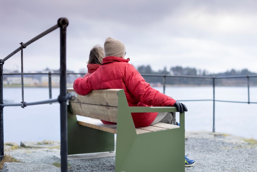 Bildet viser et par, mann og kvinne som sitter på en grønn benk og ser utover sjøen. De holder rundt hverandre.
