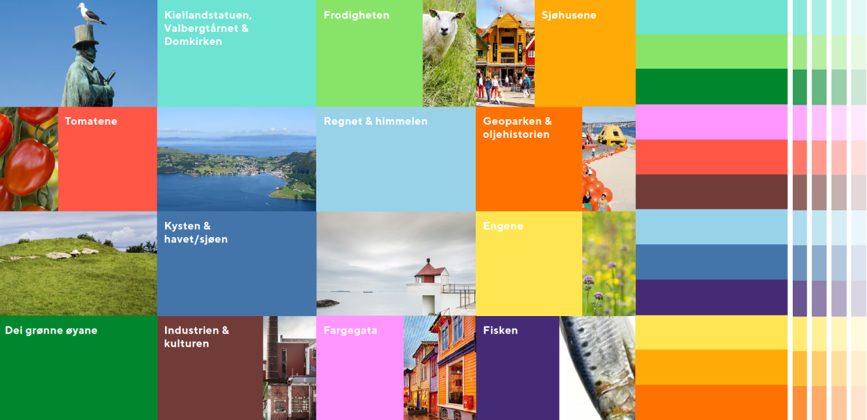Stavanger kommunes nye fargepalett. Fargene kan også brukes med svakere intensitet, som vist ytterst til høyre.