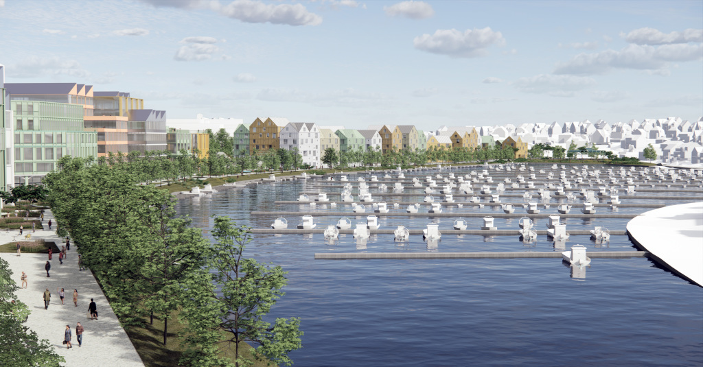 Illustrasjon av mulig framtidig bebyggelse og promenade langs Hillevågsvatnet.
