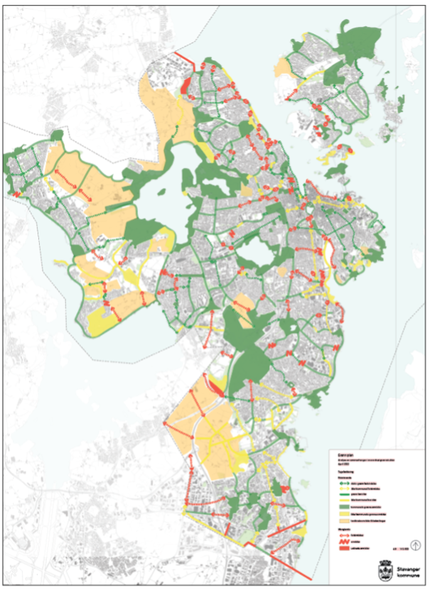 Analysekart av sammenhenger i grønnstrukturen og tilgjengelighet for mennesker i Stavanger by.