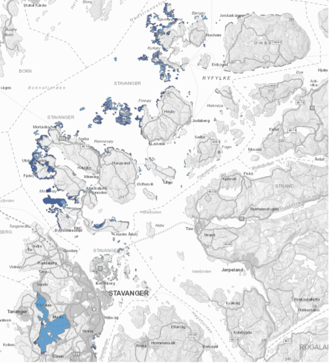 Kartet viser marint biologisk mangfold etter DN-håndbok 19. Lys blå er lokalt viktige områder, mellomblå er viktige områder og mørk blå er svært viktige områder. Lokalt viktige områder er ikke kartlagt i kommunedelene Rennesøy og Finnøy.