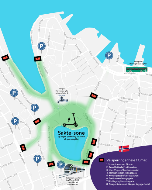 Kart over stengte veier og parkeringsplasser i sentrum 17. mai
