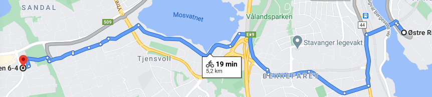 Google-kart som viser at det tar 19 minutter å sykle fra Godalen til Madlavoll
