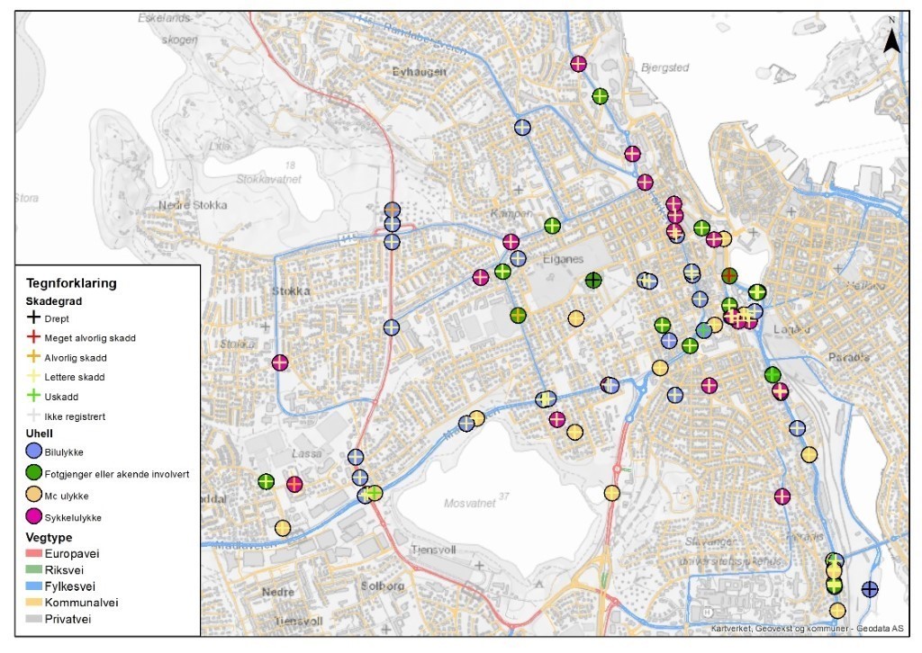 Oversiktskart over ulykkessteder: Eiganes og Våland