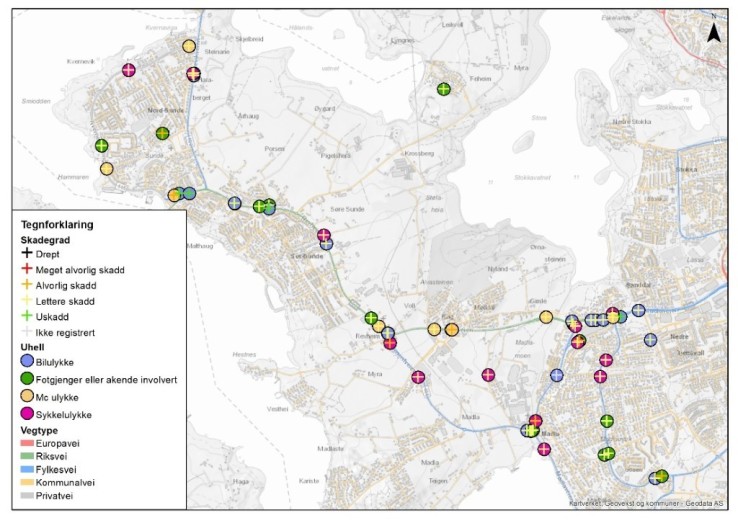 Oversiktskart over ulykkessteder: Madla