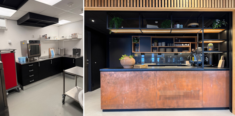 Kjøkken med benkeplater, komfyr, oppvask. Kafedisk. 