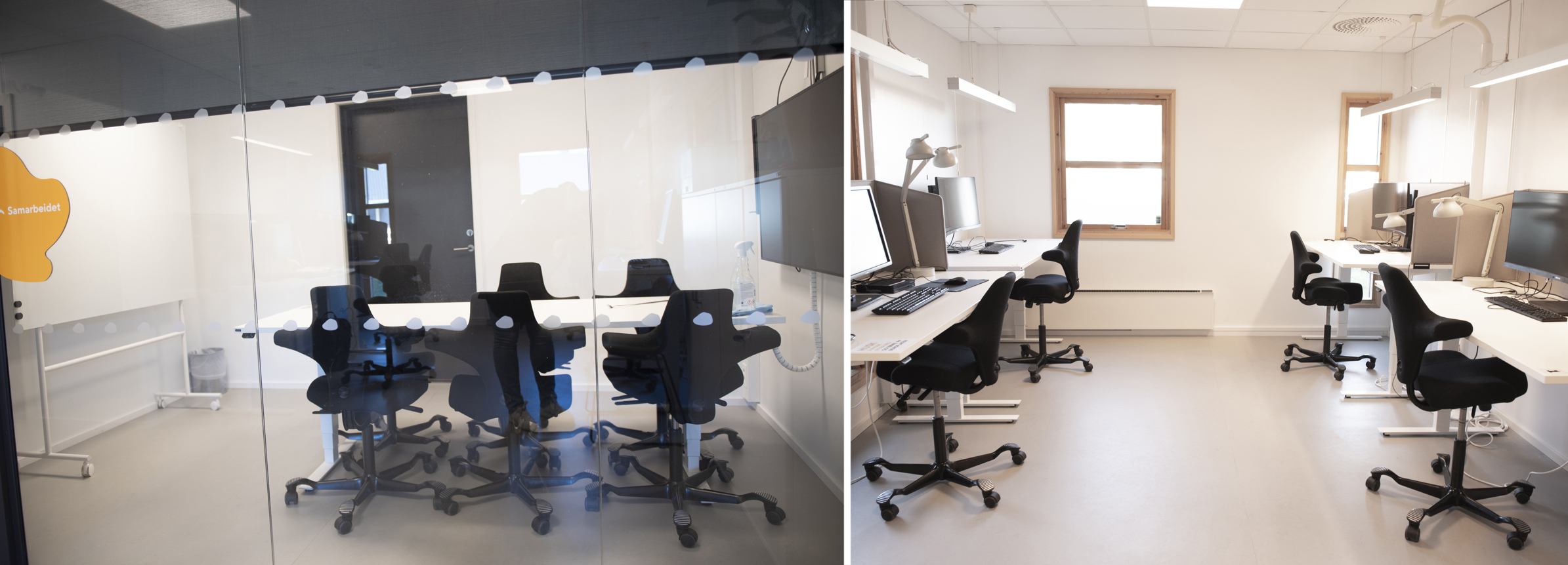 6 stoler rundt et stort møtebord, glassvegg og skjerm. Eget rom med 4 arbeidsplasser med kontorstoler, skjerm og tastatur.