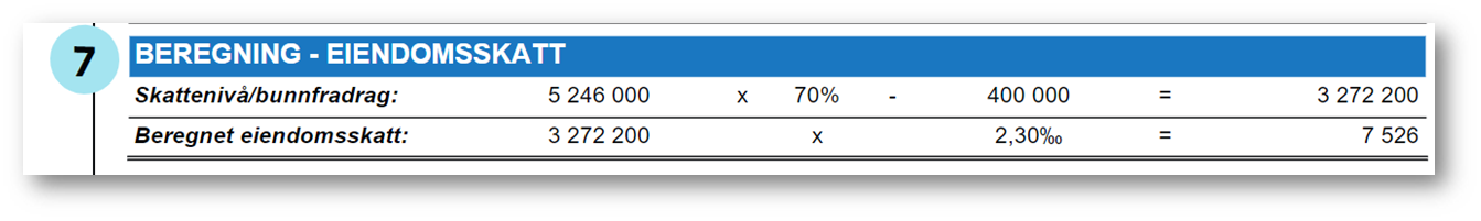 Bilde viser ett utklipp av beregnet eiendomsskatt på skatteseddel.