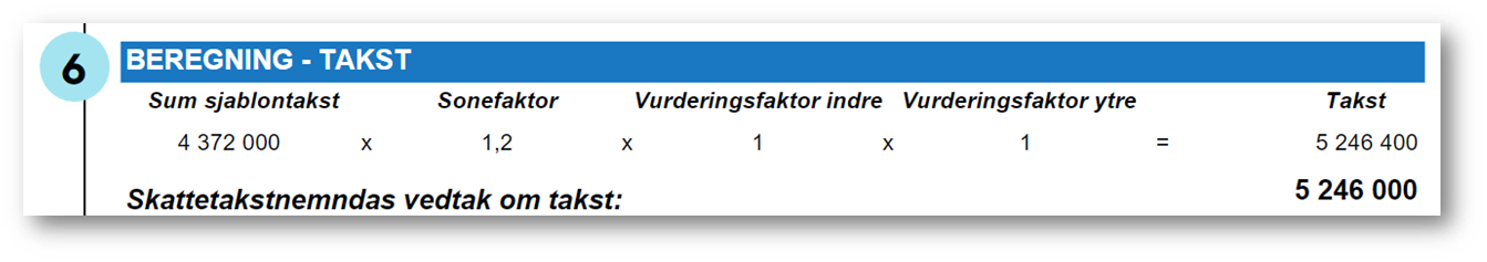 Bilde viser ett utklipp av takstberegning på skatteseddel.