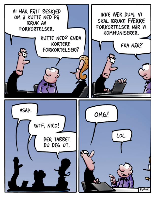 Nico snakker med Kjell og Vanessa om å bruke færre forkortelser.