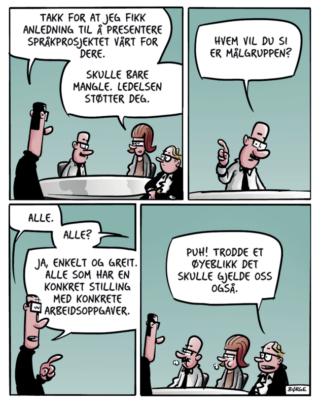 Nico takker tre personer i ledelsen for at han fikk presentere språkprosjektet for dem.