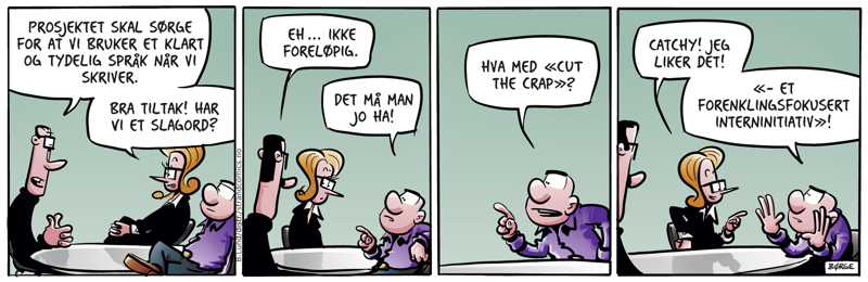 Lunch-tegneserie der språkprosjektet presenteres for to ansatte. 