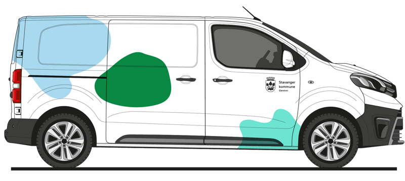 Bildekor for eiendomsavdelingen, med øyformer i fargene skoggrønn, himmelblå og mint. Egen logo med ordet "Eiendom" under teksten "Stavanger kommune". 