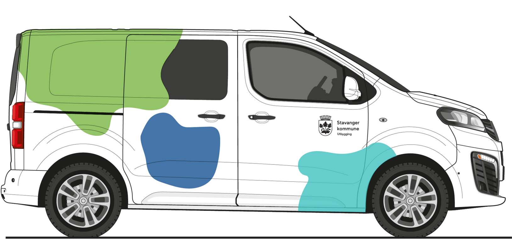 Bildekor med tre øyformer i fargene, grønn, blå og mint, og navnet "Utbygging" under kommunelogoen.