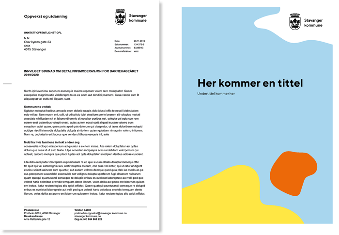 Eksempler på brevark i kommunens profil. Logo oppe i høyre hjørne på side 1, ingen logo på side 2.