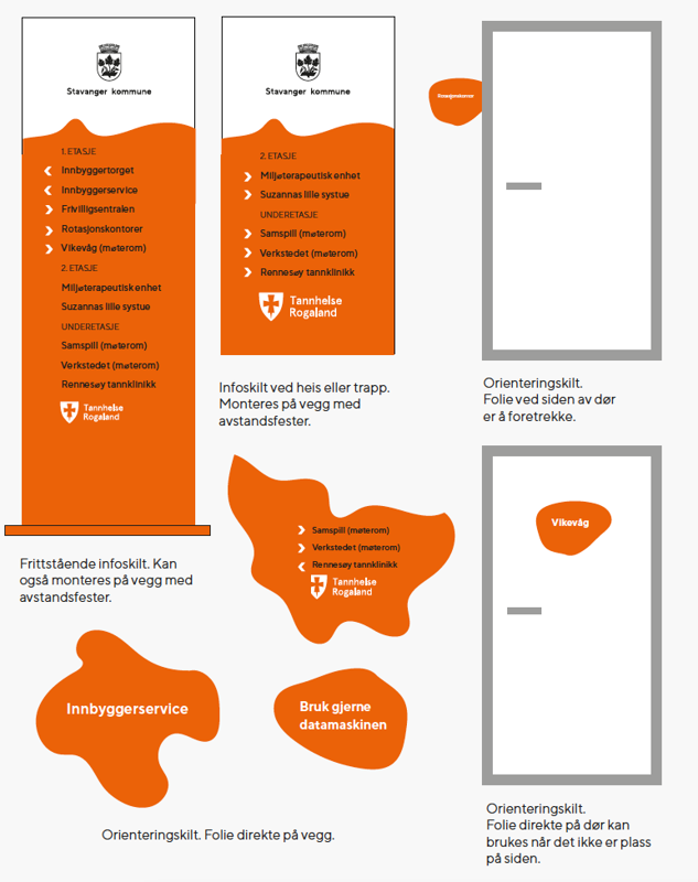 Eksempler på skilt og folie-klistremerker inne i kommunale bygg.