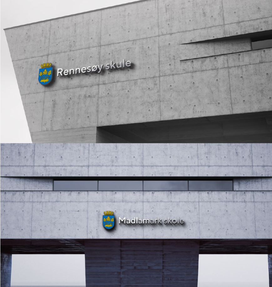 Skilt på skolebygg kan benytte logosymbolet sammen med skolens navn. 
