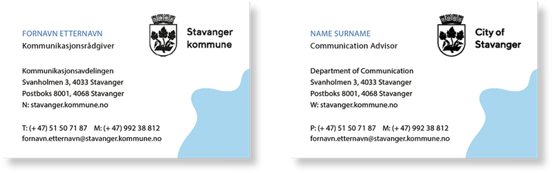 Visittkort framside, variant med og uten mobilnummer.