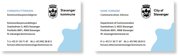 Visittkort framside, variant med og uten mobilnummer.