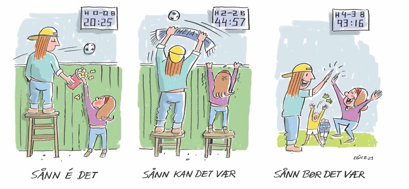 Barn og voksen ser på fotballkamp over et gjerde. Først ser ikke barnet, men så får barn en krakk, men den er for liten og til slutt så står de et sted uten gjerde.