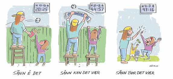 Barn og voksen ser på fotballkamp over et gjerde. Først ser ikke barnet, men så får barn en krakk, men den er for liten og til slutt så står de et sted uten gjerde.
