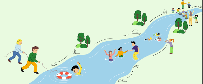 Illustrasjon av elv med barn og voksne.