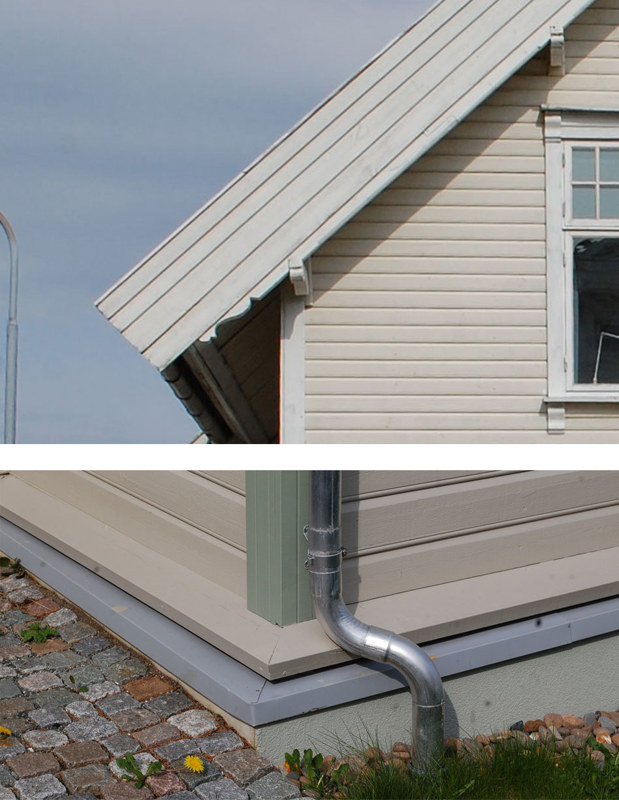 To bilder av uheldig etterisolering; ett der taket er veldig tykt, og ett der grunnmuren er mye tykkere enn veggen med kledning.