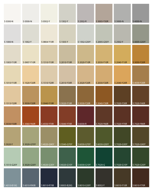 Et rutenett på 8x9 ruter i mange forskjellige farger. Mye hvitnyanser og okernyanser, deretter et knippe rødlige, grønnlige og blålige toner. 