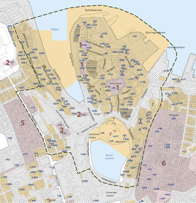 Kart over grensene for middelalderbyen i Stavanger. Klikk for større utgave.