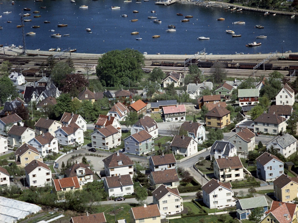 Flyfoto av Våland, jernbanen på Lagård, og Hillevågsvatnet med fritidsbåter.