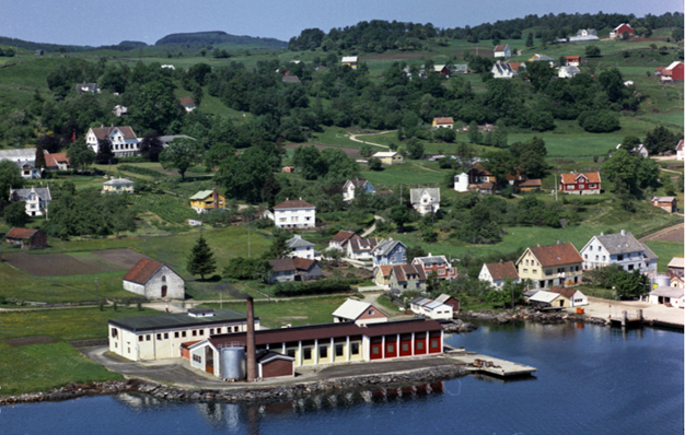 Flyfoto av Judaberg i 1962. Ein ser fjorden, kaiar, meieribygning, bedehus, landhandel og fleire småhus, mange av dei i ulike fargar. Jordbruksmarker og treklynger spredt mellom husa.
