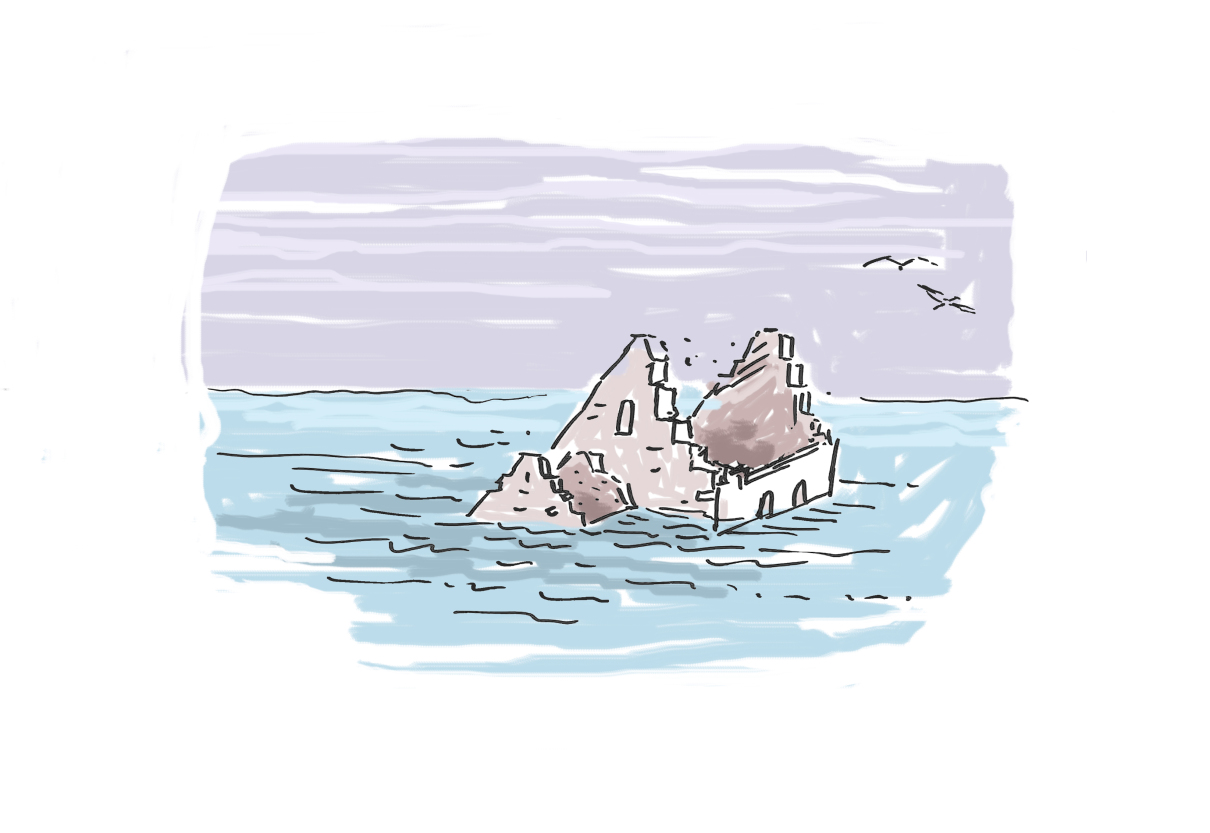 Skisse av steinkirke i oversvømmelse