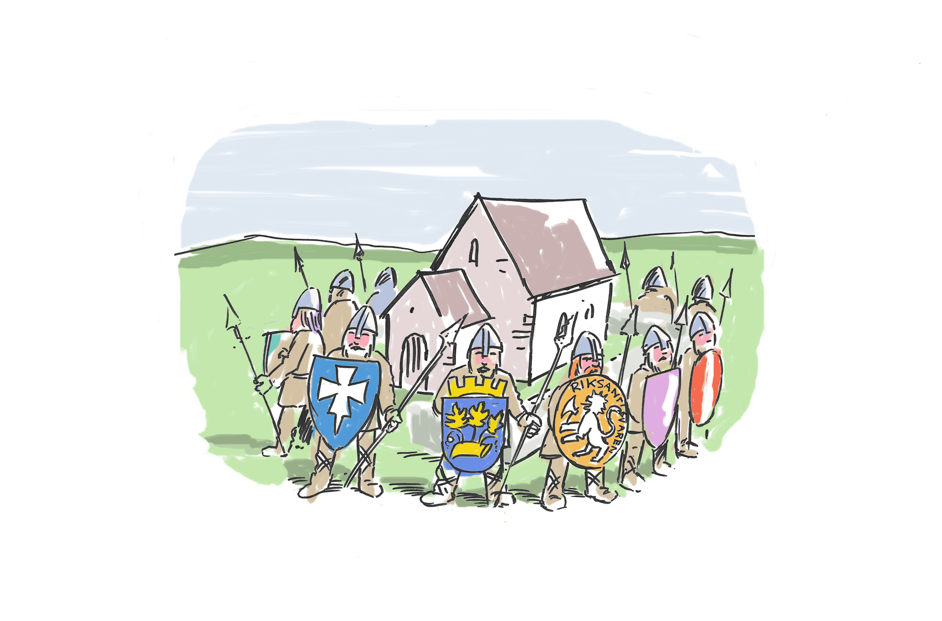 Egilstreker - Rollene i forvaltningen Tegning av kulturminne i form av steinkirke, omgitt av voktere med ulike "våpenskjold"; Rogaland fylkeskommune, Stavanger kommune og Riksantikvaren, med flere