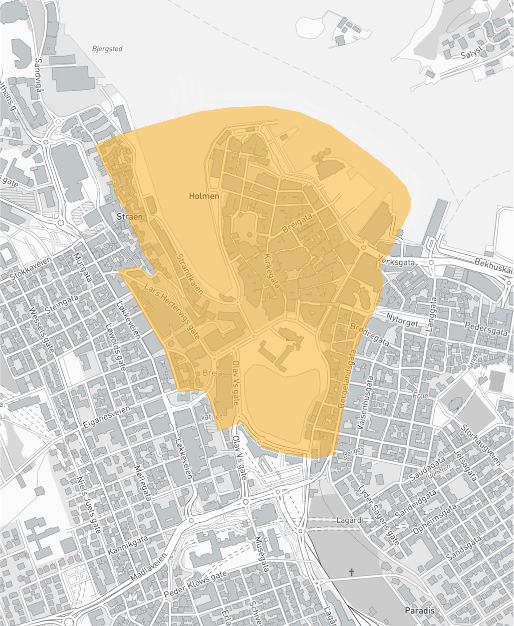 Kart som viser hvilke deler av Stavanger sentrum som er hensynssonen for middelalderbyen.