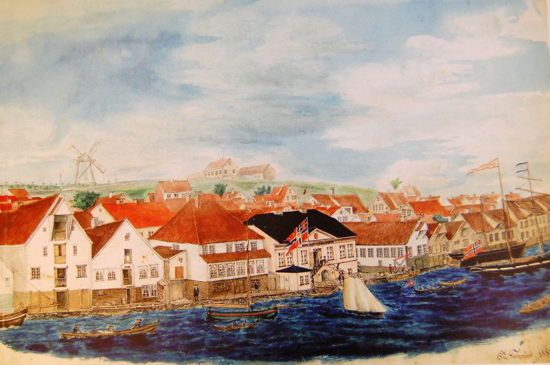 Maleri av den gamle tollboden med nærmeste omgivelser i 1857