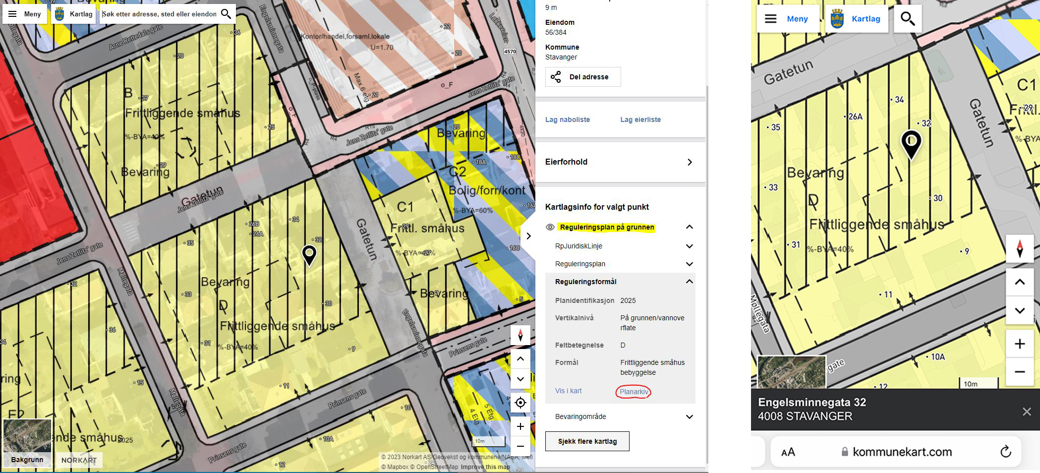 Skjermdumper av kartsider som viser hvordan du kan finne reguleringsbestemmelser.