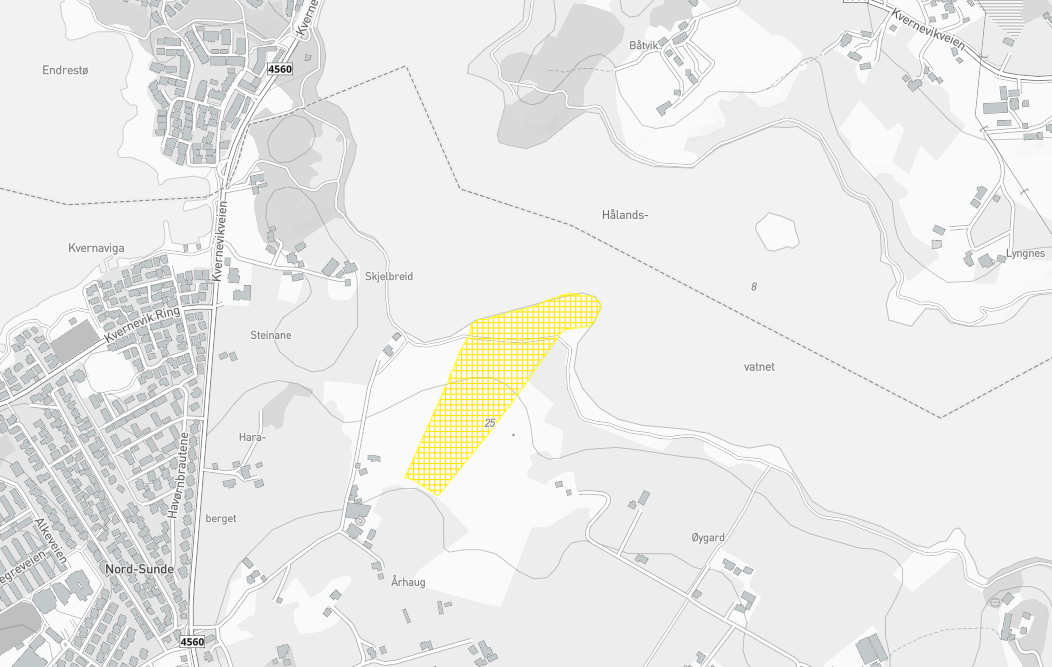 Grått kartutsnitt med et område sør for Hålandsvatnet martkert med gul skravur.