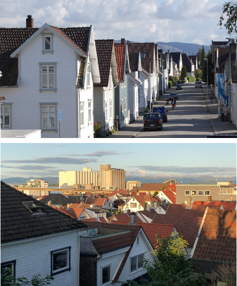 Eksempler på at takene i trehusbyen er godt synlige. Ikke bare fra fugleperspektiv, men også i øyenhøyde.