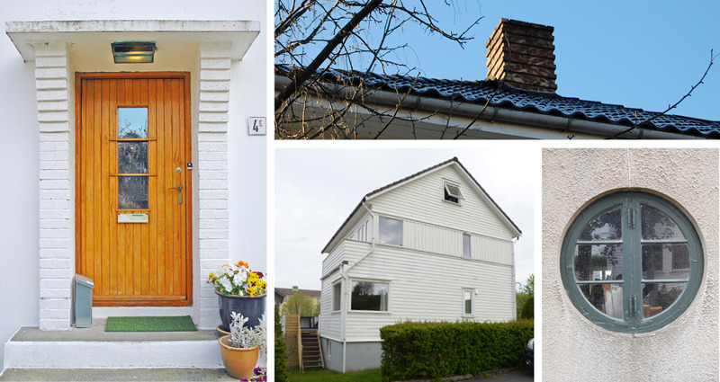 En dør, en pipe og eksempler på vinduer. 