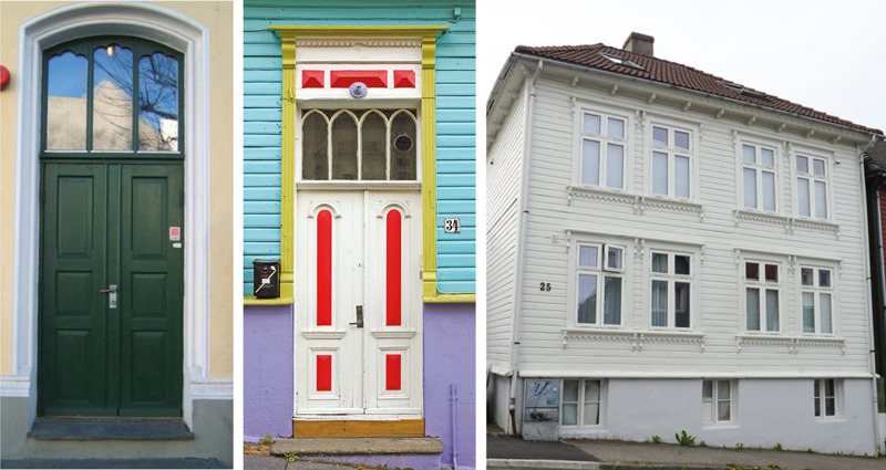 Bilder av to typiske dører i sveitserstil, og et hus med stilriktige vinduer. 