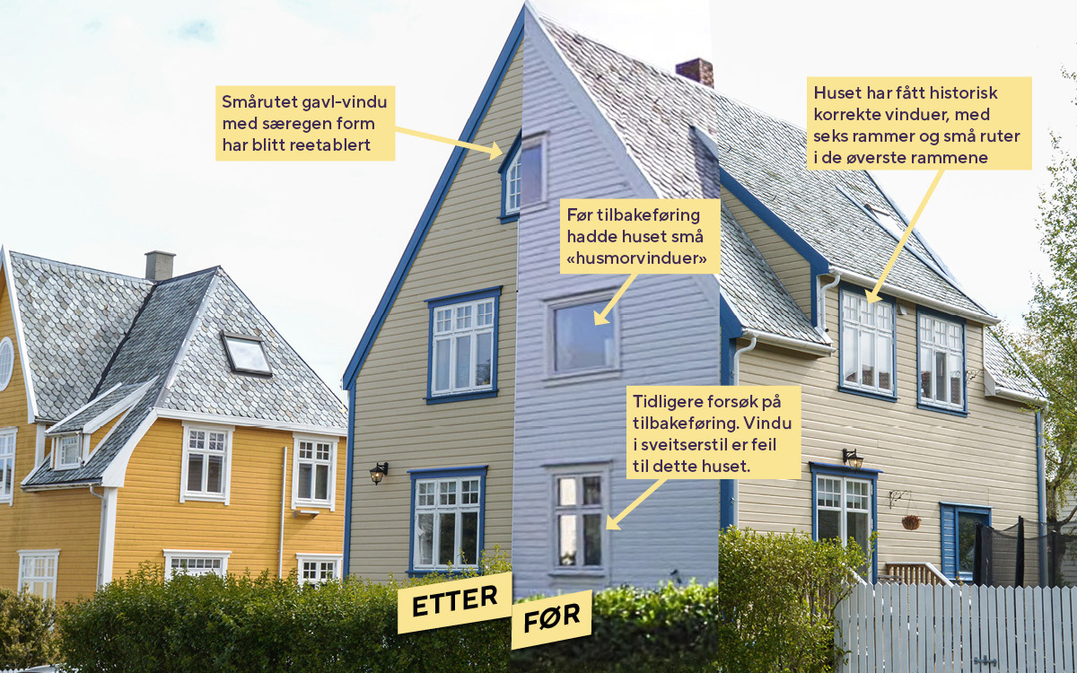 Nyklassisistisk gult hus med spisst tak. Halve huset er et bilde fra noen tiår siden, med feil vinduer, men nå har huset fått sin opprinnelige stil tilbake.