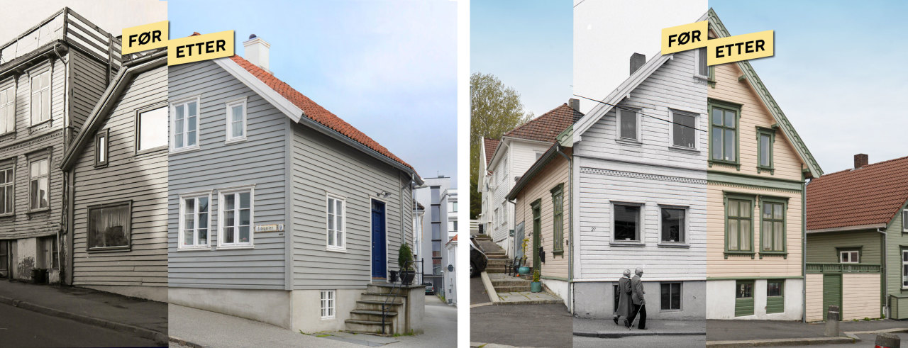 To hus før og etter tilbakeføring til opprinnelig stil. 