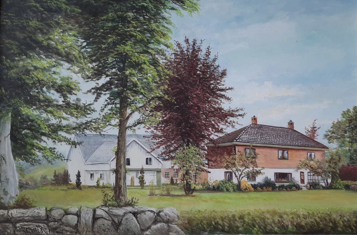 Maleri av Øvre Stokkavei 69 med låvebygningen i bakgrunnen, malt av en kunstner ved navn Reinertsen som bodde og virket i Møllegaten. 
